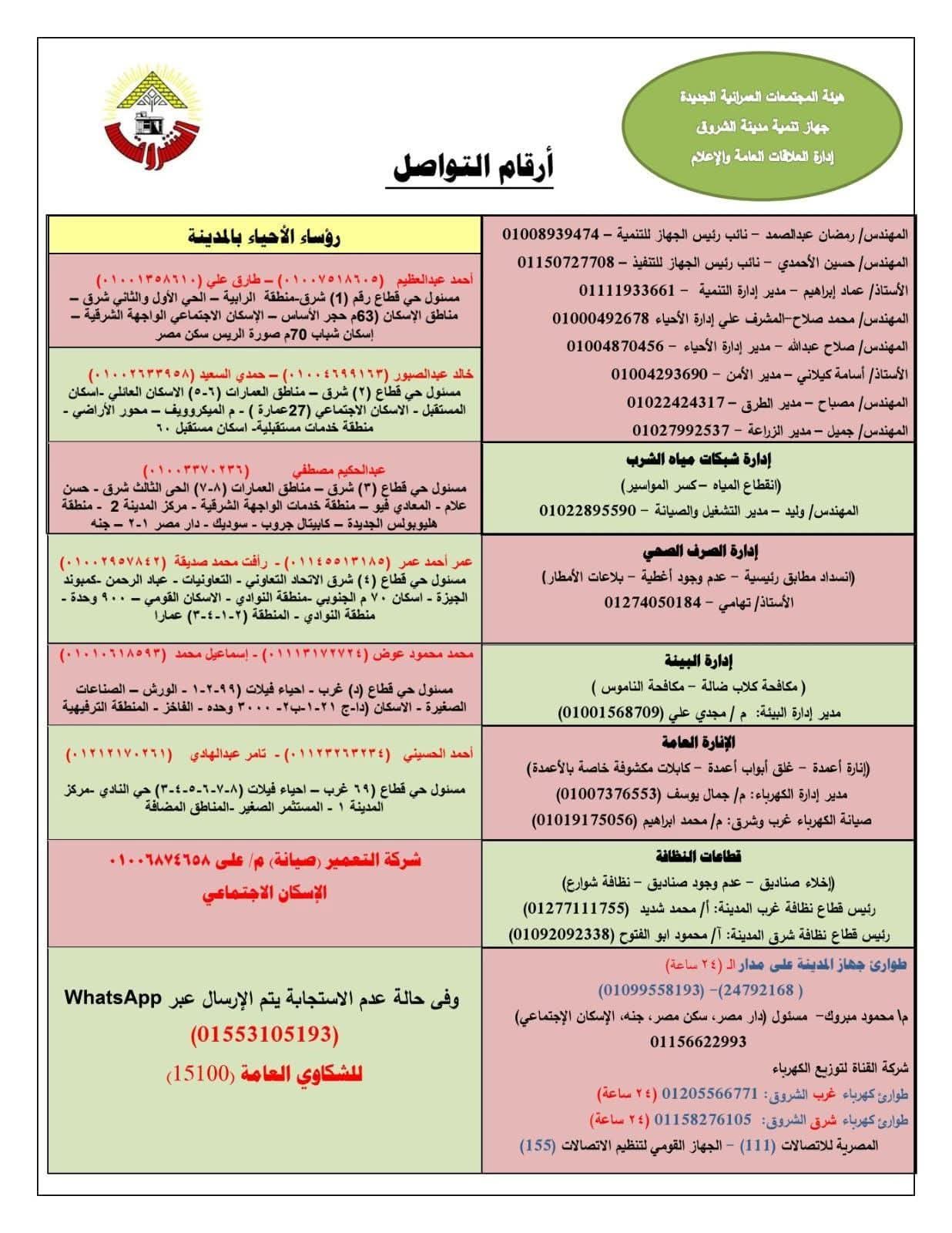 أرقام شكاوي و طوارئ جهاز مدينة الشروق