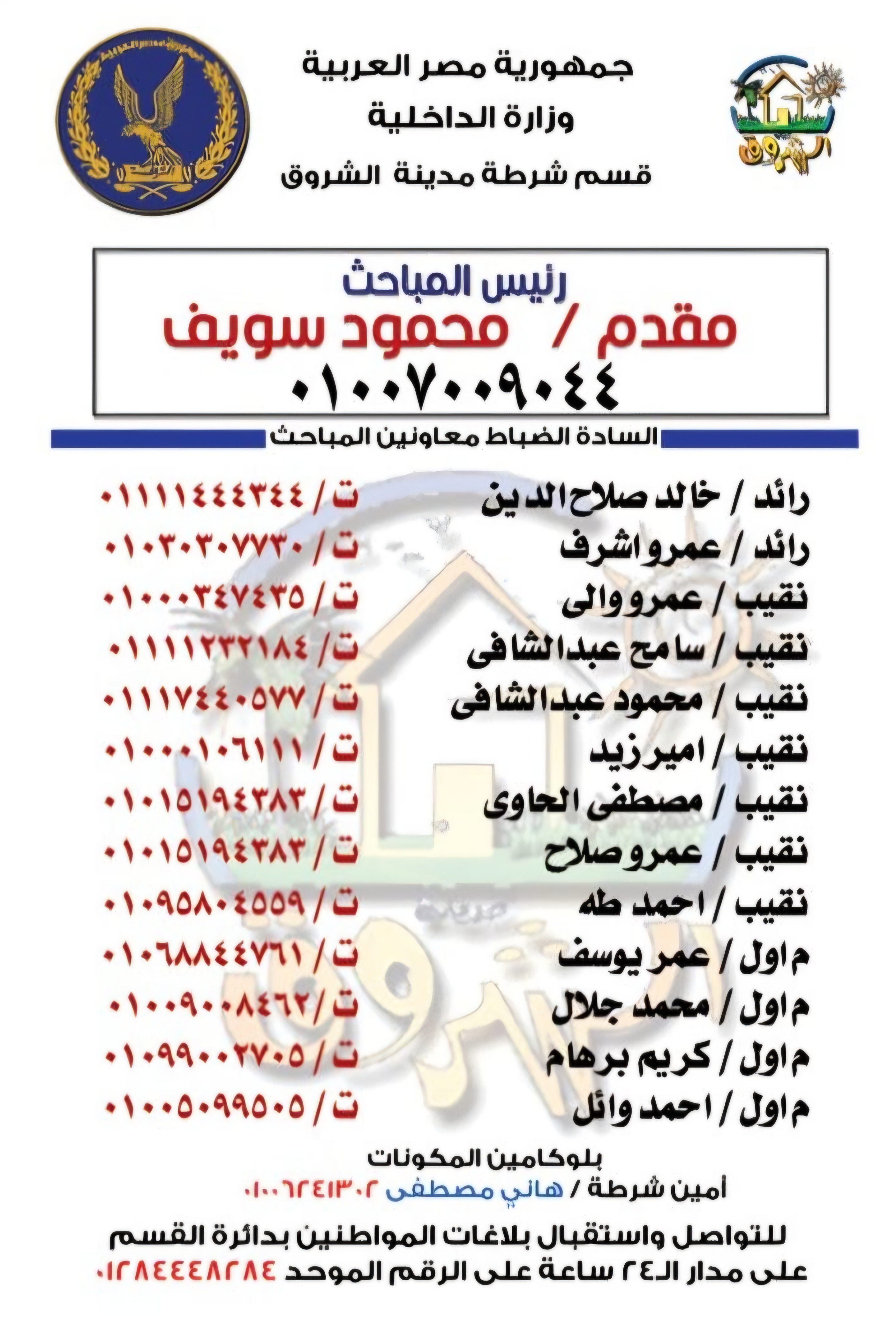 أرقام وحدة مباحث قسم شرطة مدينة الشروق 